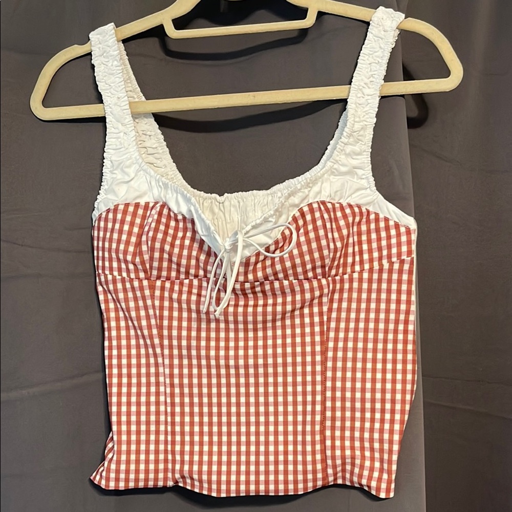 Zara Red and White Smocked Tie Front Crop Top